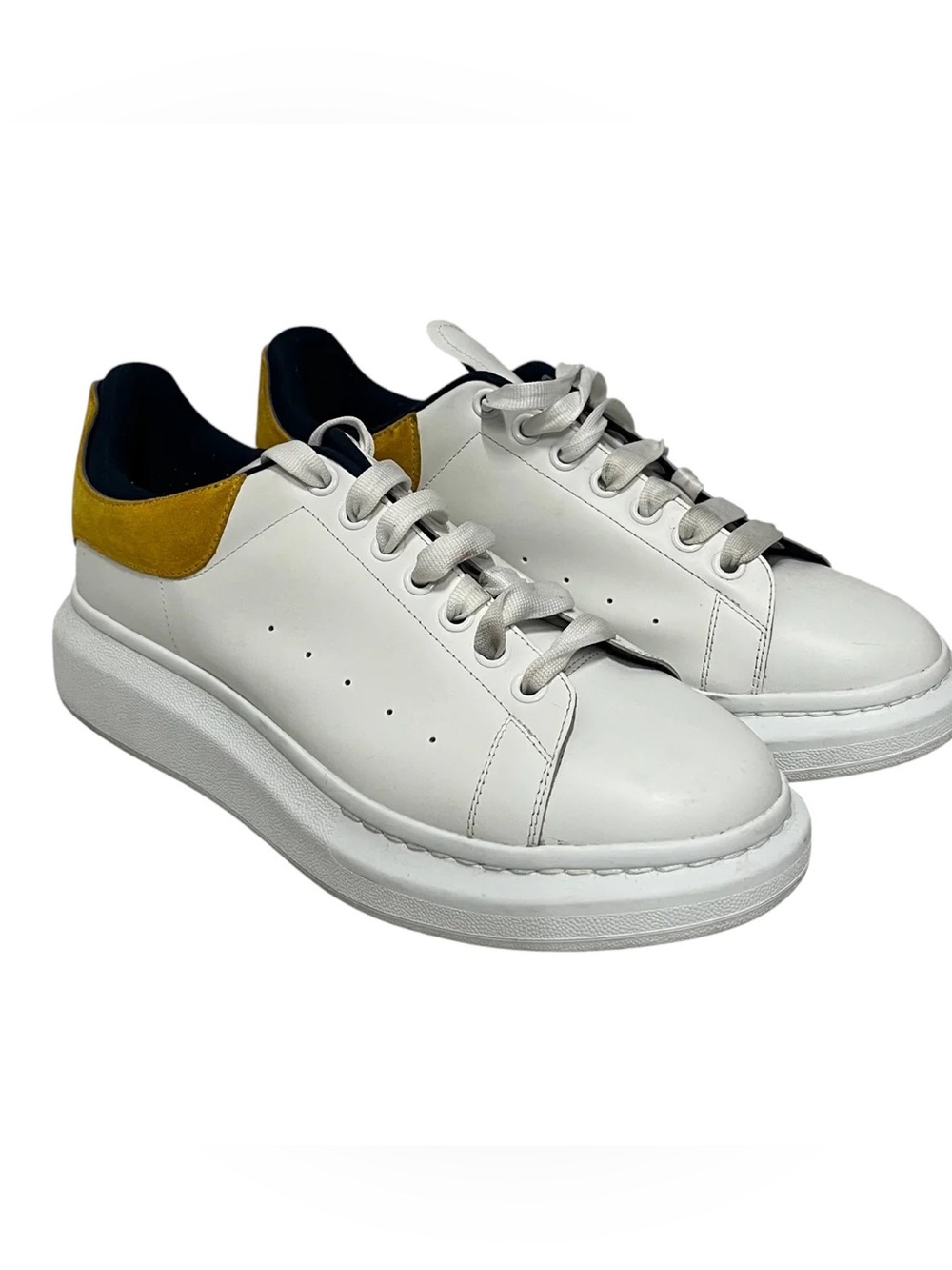 Alexander McQueen White Leather Sneakers with Mustard Heel Tab
